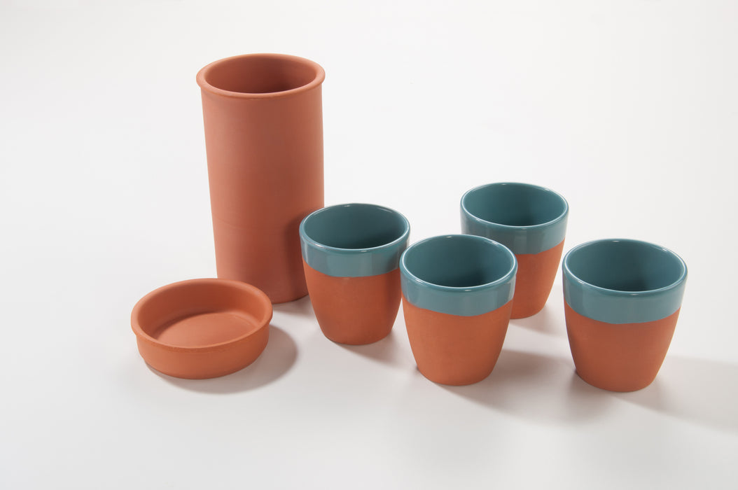 Aspira Home - Ton Flaschenkühler mit 4 Weinbechern - Türkis 330ml Natürlich/Glasiert - Weingenuss auf rustikale Art, handgemacht aus Ton