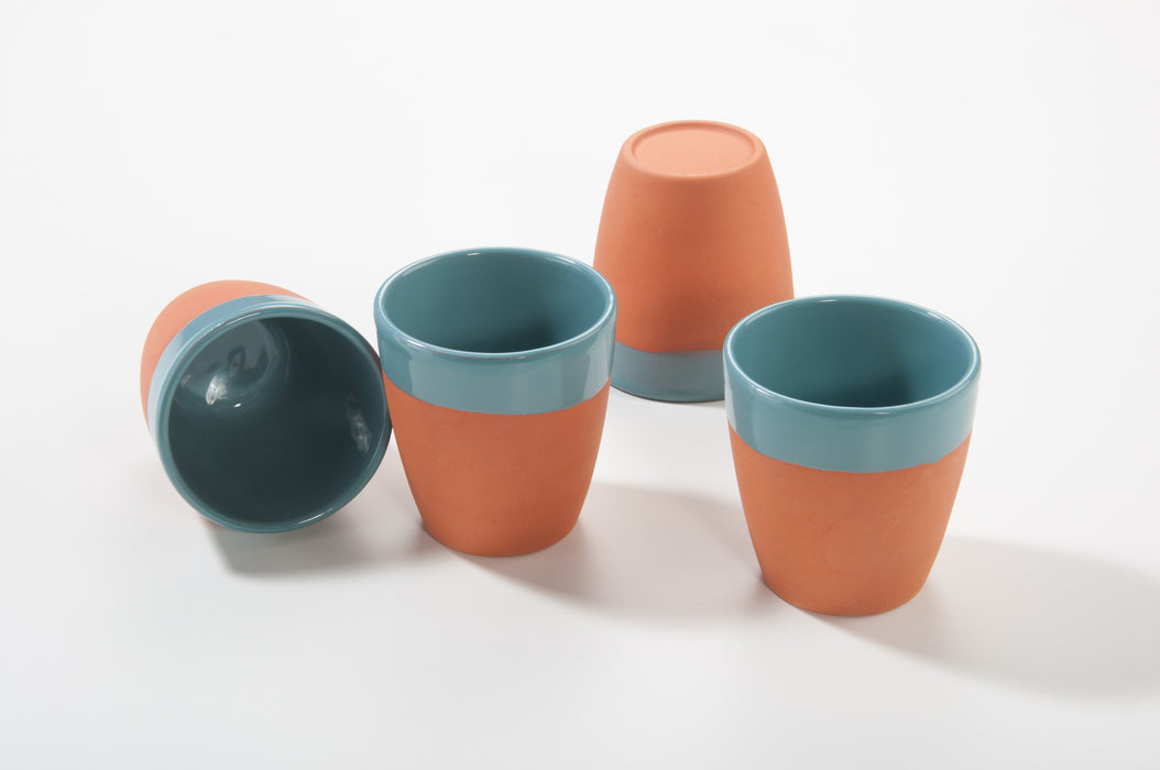 Aspira Home - Ton Flaschenkühler mit 4 Weinbechern - Türkis 330ml Natürlich/Glasiert - Weingenuss auf rustikale Art, handgemacht aus Ton