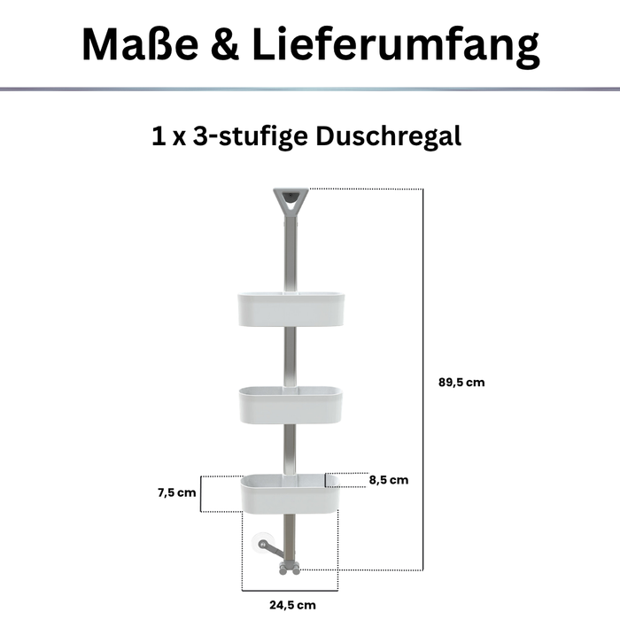 Aspira Home 3-stufiges Duschregal – Duschablage mit einzeln verstellbaren Ablagen, rostfreier Metallstange, Rasiererhalter, Spritzschutz & Haken, Weiß oder Transparent