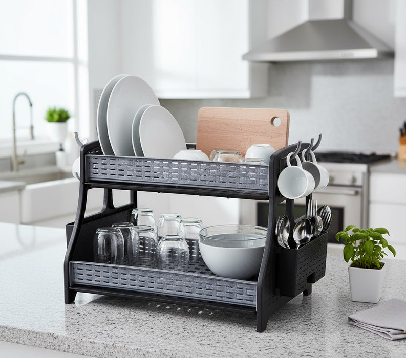 punkto. 2-stöckiges Geschirrabtropfgestell – Großes Abtropfgestell für Küche mit Besteckkorb, 6 Haken & 2 Abtropfschalen – BPA-freier Geschirrständer im modernen Hasir-Design – Anthrazit/Grau – 50 x 30 x 34 cm