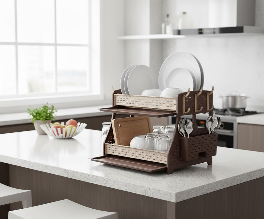 punkto. 2-stöckiges Geschirrabtropfgestell – Großes Abtropfgestell für Küche mit Besteckkorb, 6 Haken & 2 Abtropfschalen – BPA-freier Geschirrständer im modernen Hasir-Design – Braun – 50 x 30 x 34 cm