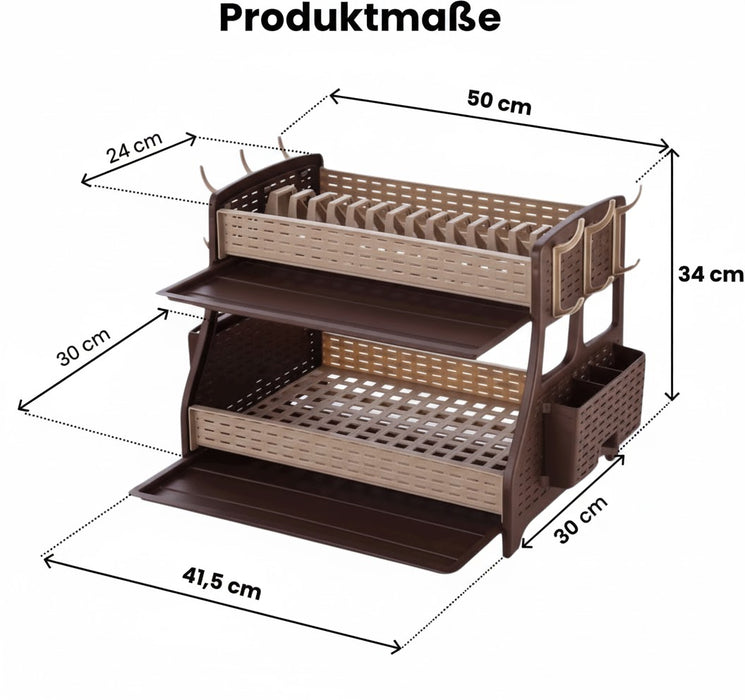 punkto. 2-stöckiges Geschirrabtropfgestell – Großes Abtropfgestell für Küche mit Besteckkorb, 6 Haken & 2 Abtropfschalen – BPA-freier Geschirrständer im modernen Hasir-Design – Braun – 50 x 30 x 34 cm