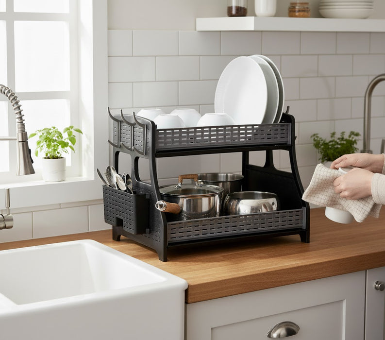 punkto. 2-stöckiges Geschirrabtropfgestell – Großes Abtropfgestell für Küche mit Besteckkorb, 6 Haken & 2 Abtropfschalen – BPA-freier Geschirrständer im modernen Hasir-Design – Anthrazit/Grau – 50 x 30 x 34 cm